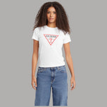 T-shirt Guess bianca in cotone con logo triangolare rosso sul petto