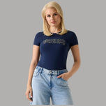 T-shirt Guess blu slim da donna in cotone elasticizzato con logo con strass davanti