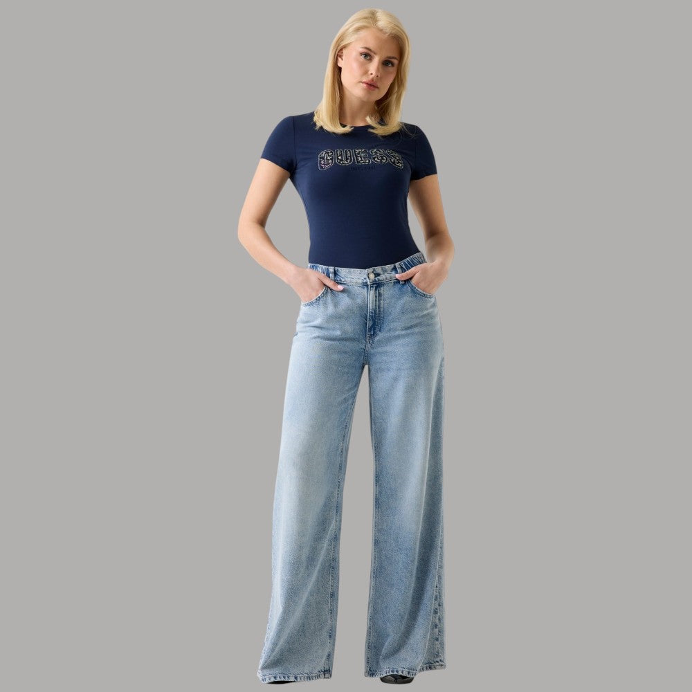 T-shirt Guess Slim Donna Logo Strass Glamour Cotone Stretch - Prodotti di Classe