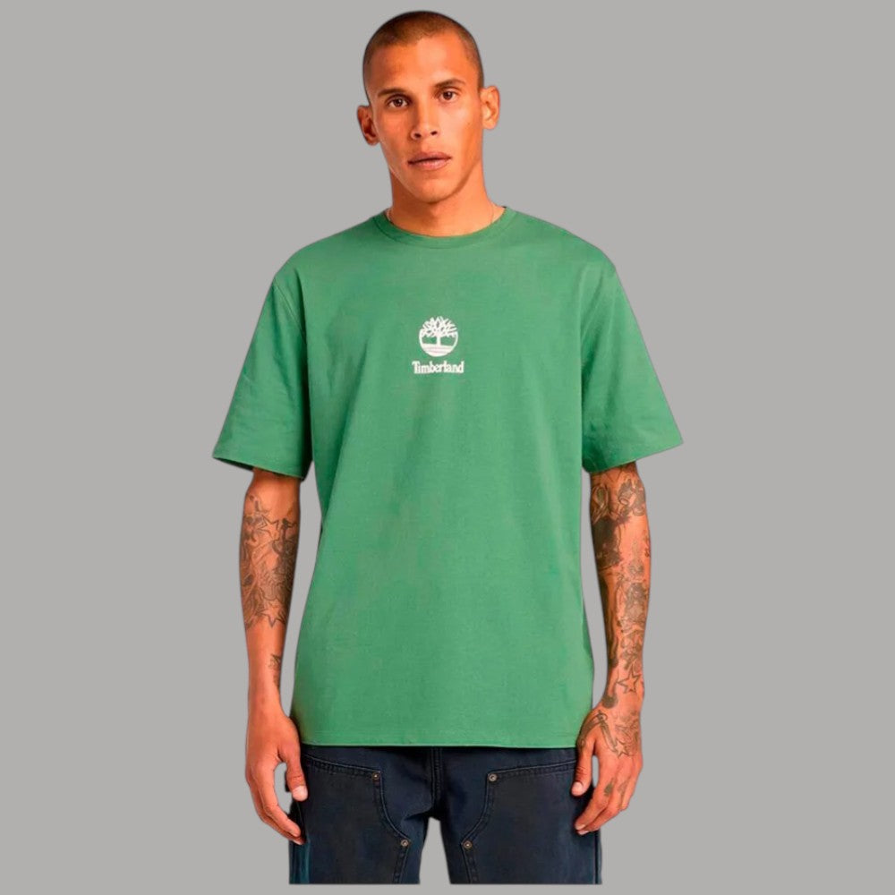 T-shirt di cotone verde Timberland con logo stampato sul petto e scollo girocollo