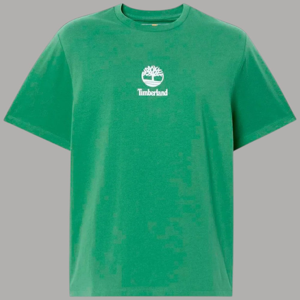T-shirt verde in cotone con logo stampato sul petto, dettaglio frontale.