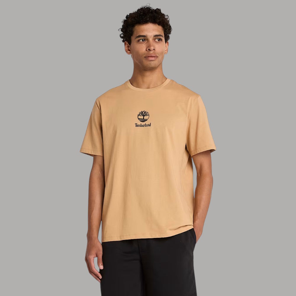 T-shirt beige in cotone, maniche corte, logo stampato sul petto.