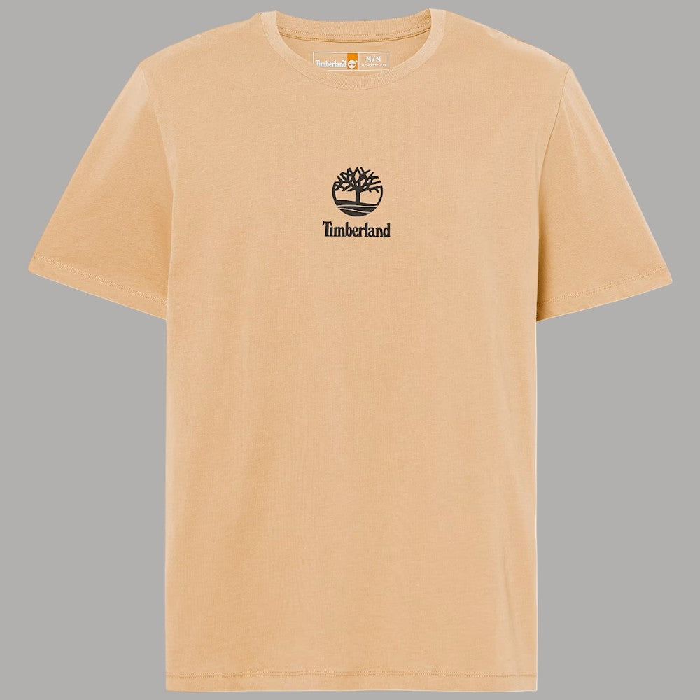 T-shirt beige in cotone con logo stampato sul petto, vista frontale.