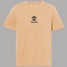 T-shirt beige in cotone con logo stampato sul petto, vista frontale.