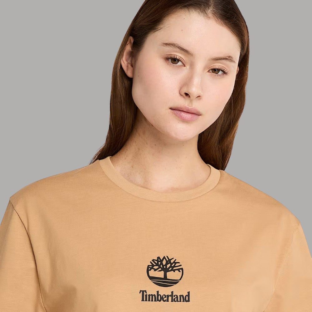 T-shirt beige in cotone, dettaglio logo stampato sul petto.
