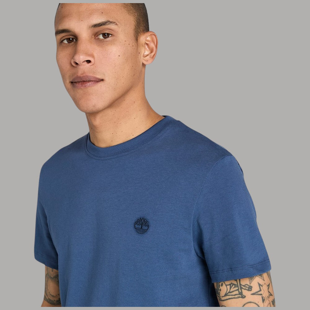 T-shirt da uomo blu in cotone slim con logo ricamato sul petto
