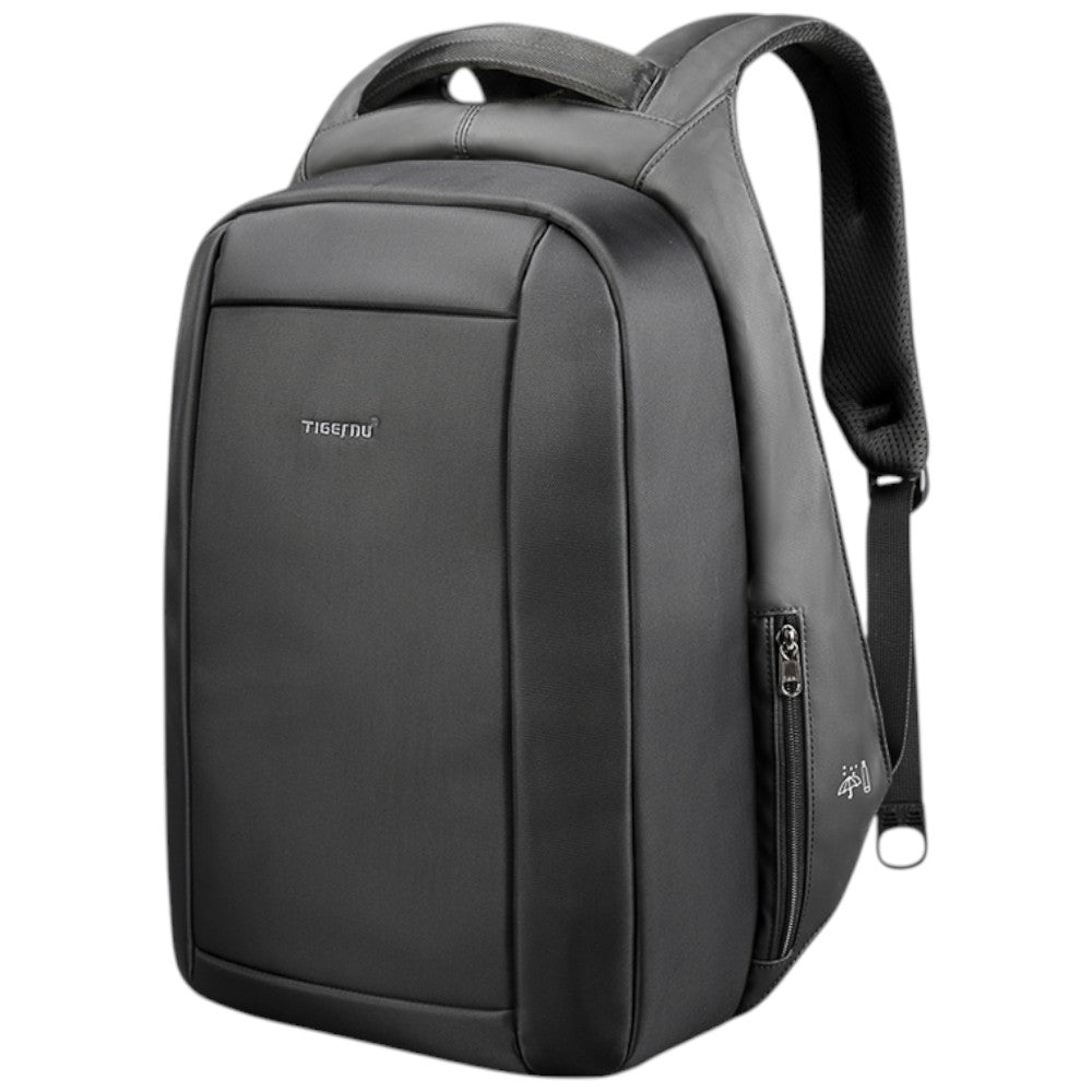 Zaino nero da viaggio con tasca laterale verticale e zip, maniglia in alto.