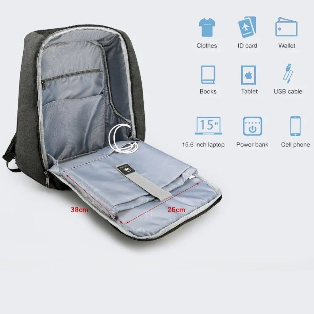 Zaino nero da viaggio aperto con scomparto interno imbottito e tasca per accessori.