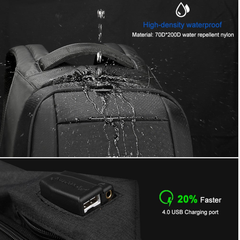 Zaino Tigernu nero impermeabile con tasca anteriore e porta di ricarica USB