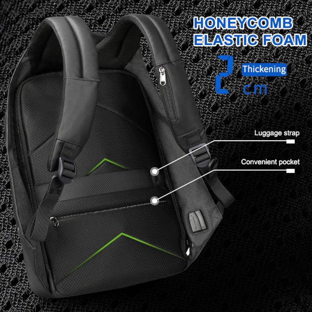 Zaino nero da viaggio con tasca frontale e zip, spallacci imbottiti.