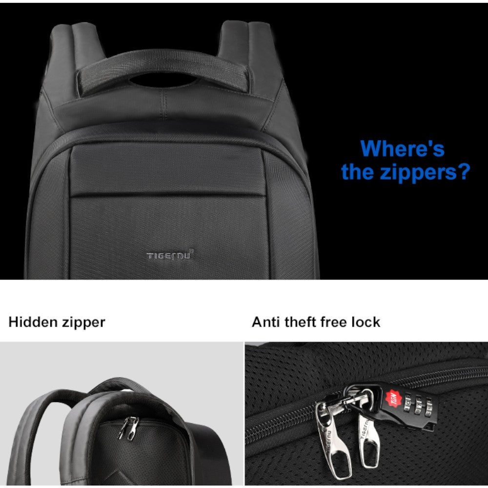 Zaino Tigernu nero con zip nascosta e lucchetto antifurto sul davanti