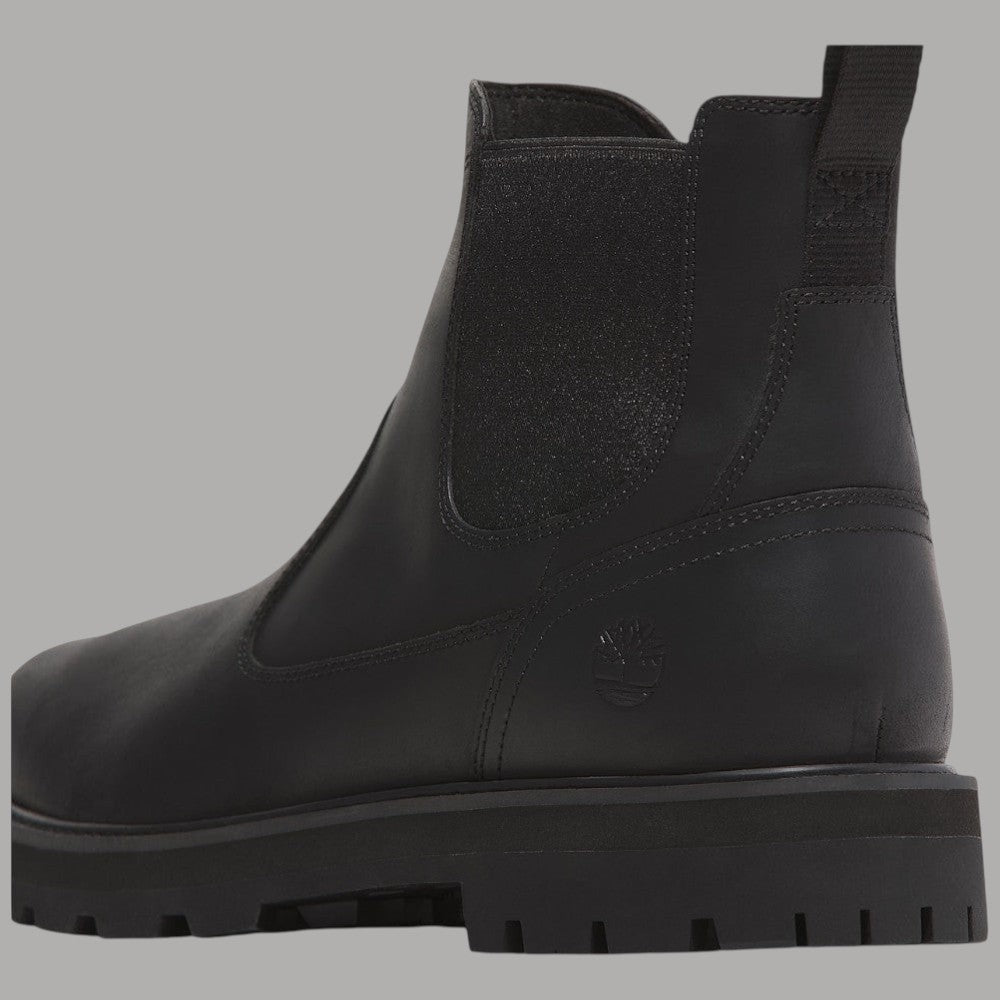 Stivale Chelsea nero Timberland vista laterale con cuciture e suola a tacchetti