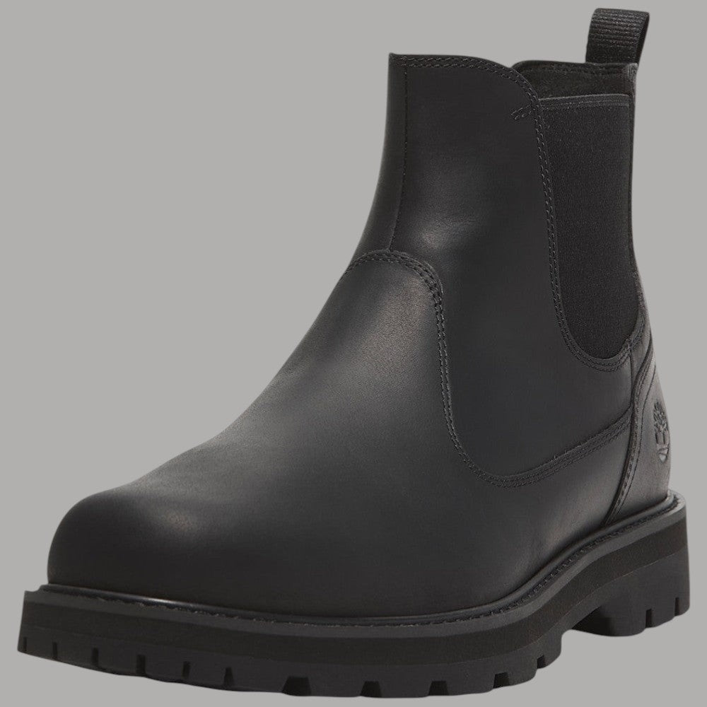 Stivale Chelsea nero Timberland vista frontale con elastico laterale e suola spessa