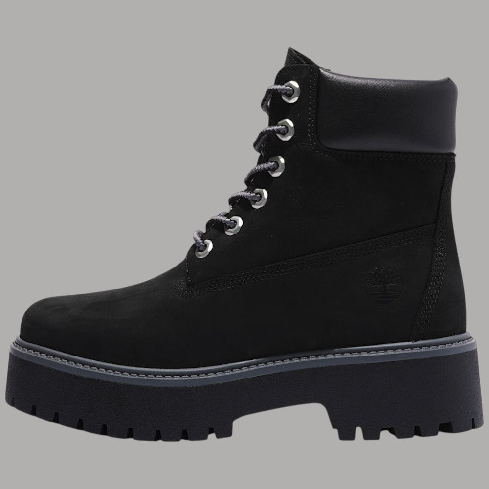 Stivale donna nero in pelle con lacci, pannello laterale e logo impresso