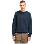 Felpa Timberland blu scuro con scollo tondo e bordo bordeaux, logo sul petto