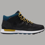 Scarpe Timberland uomo nere con collar blu, lacci gialli e suola bianca a contrasto