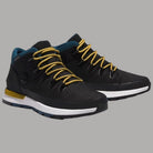 Scarpe Timberland uomo nere con dettagli blu, lacci gialli e suola bianca