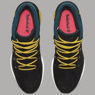 Scarpe Timberland uomo con interno rosso, lacci gialli e collar blu su tomaia nera