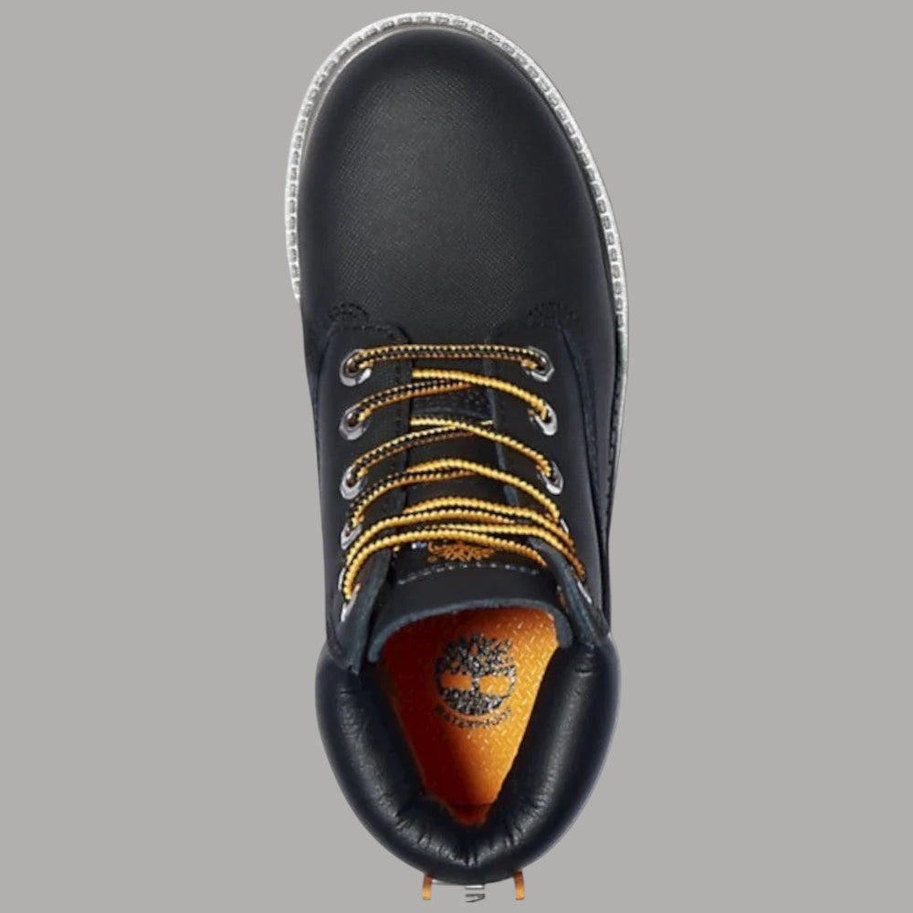 Scarponcino junior nero in pelle, 6 pollici, lacci giallo-oro, imbottito