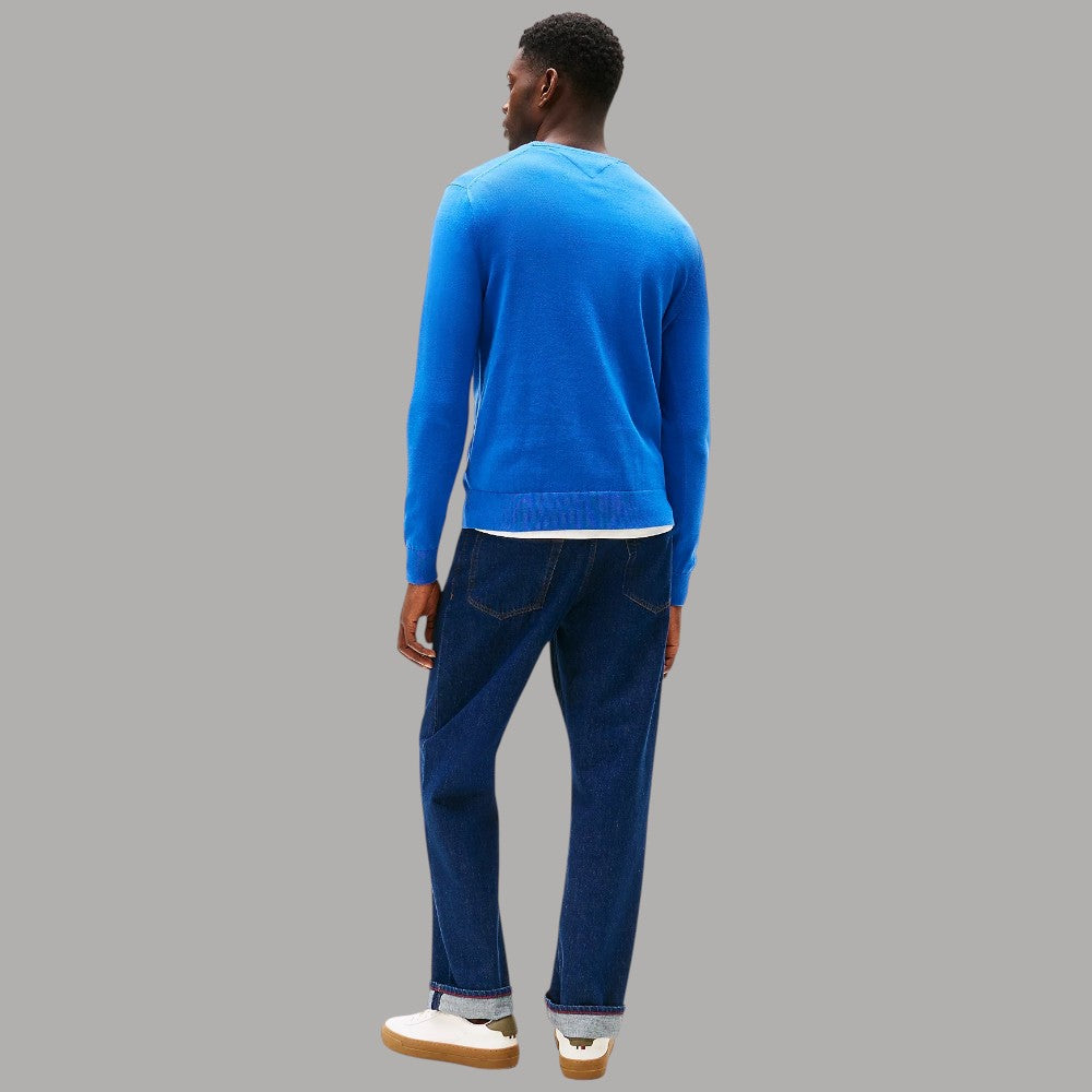 Maglione pullover azzurro in cotone, vista posteriore con girocollo a costine
