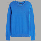 Maglione in cotone azzurro piatto, girocollo a costine e bandierina ricamata
