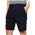 Bermuda cargo blu scuro con cintura, bottone e tasche laterali applicate