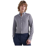 Camicia blu melange a maniche lunghe, bottoni davanti, colletto classico