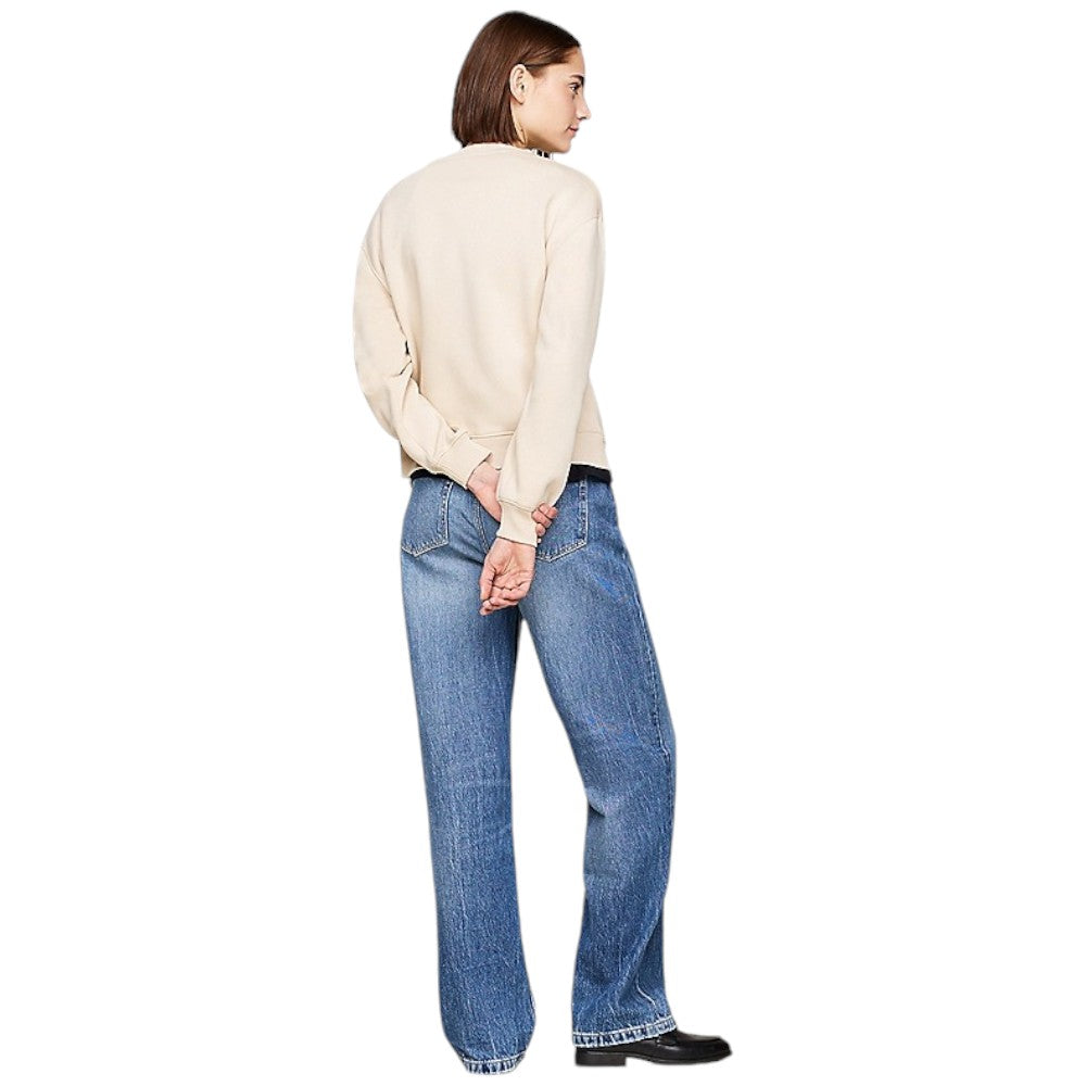 Felpa beige da donna con girocollo a coste e logo sul retro.