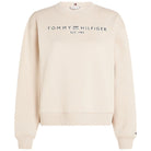 Felpa beige da donna con logo Tommy Hilfiger sul petto e costine su polsini.