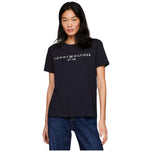 T-shirt da donna Tommy Hilfiger blu scuro con stampa logo al petto, girocollo.