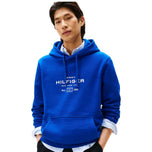 Felpa con cappuccio Tommy Hilfiger blu royal, tasca a marsupio e logo frontale