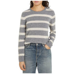 Maglione pullover in lana a righe grigio e panna, scollo tondo, maniche lunghe