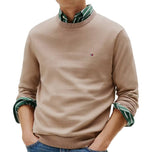 Pullover taupe girocollo con logo bandierina sul petto