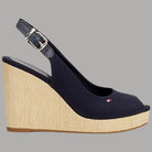 Sandalo con zeppa alta blu scuro e cinturino slingback con fibbia