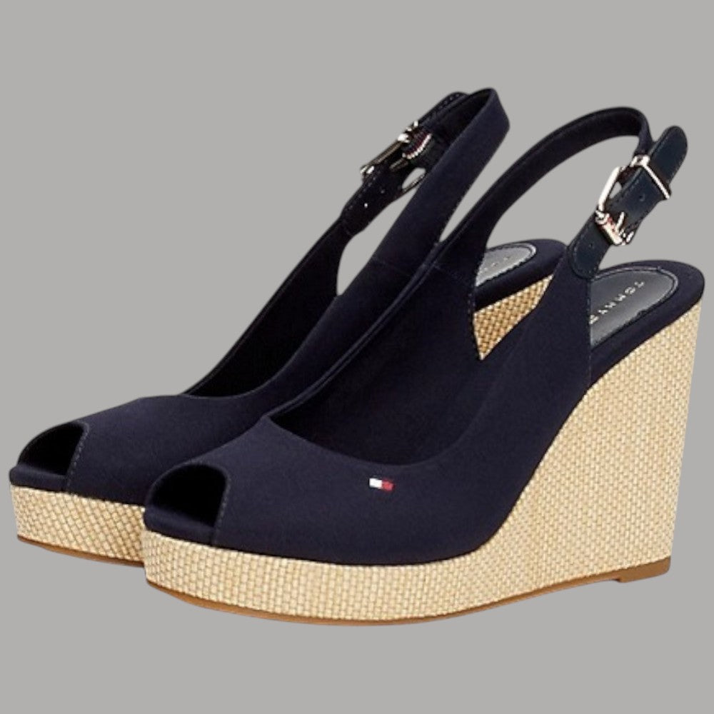 Sandali con zeppa alta blu scuro, cinturino slingback e suola in tessuto