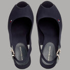 Sandali con zeppa alta blu e cinturino slingback, fibbia metallica