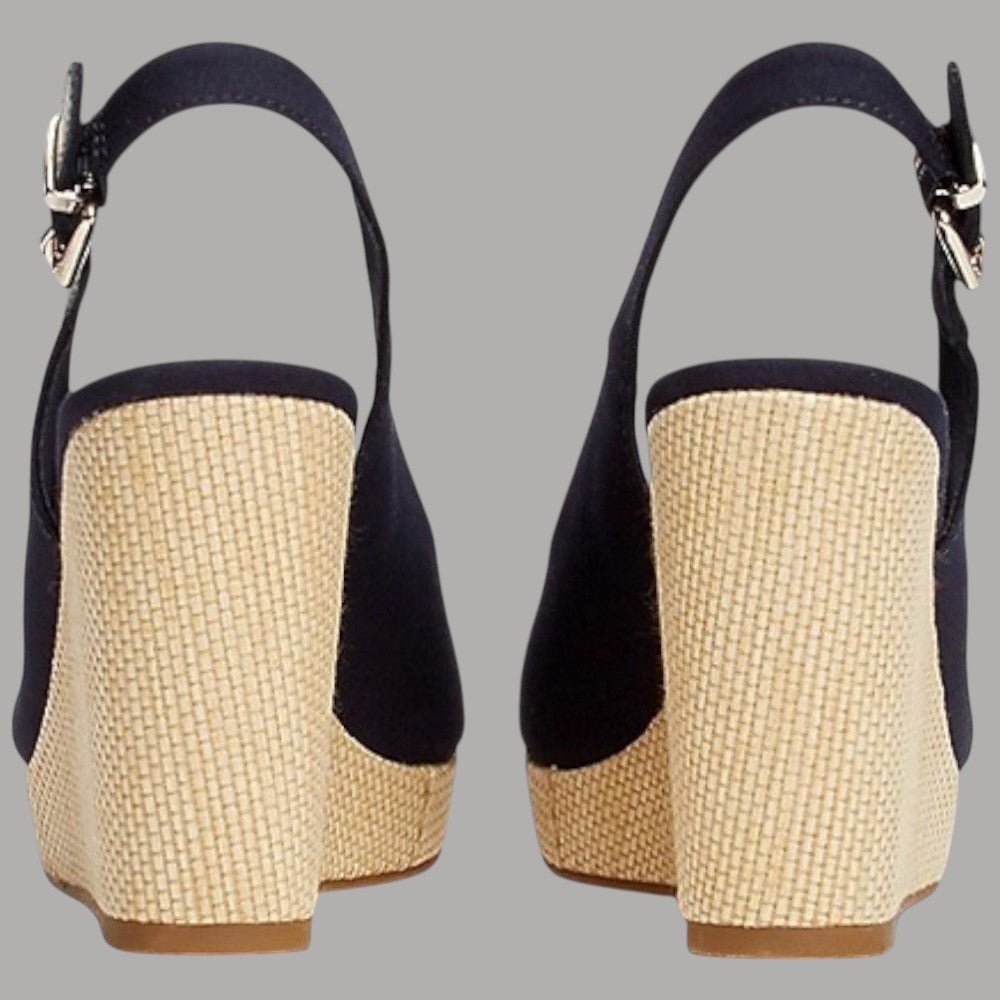 Sandali blu con zeppa in corda chiara e cinturino slingback con fibbia