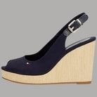 Sandali con zeppa alta blu, tomaia con fibbia e cinturino slingback