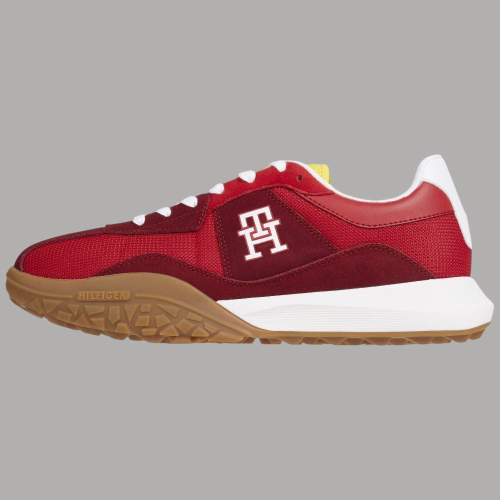 Scarpe Tommy Hilfiger rosse con logo H, lacci bianchi e suola in gomma
