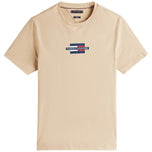 T-shirt beige Tommy Hilfiger con logo centrale a righe, girocollo manica corta