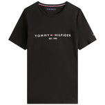 T-shirt nera con logo Tommy Hilfiger ricamato e scritta sul petto
