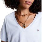 Tommy Hilfiger t-shirt scollo a V celeste logo piccolo WW0WW39781 T-shirt Tommy Hilfiger