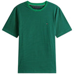 Maglietta Tommy Hilfiger a righe verde, girocollo maniche corte, logo sul petto.