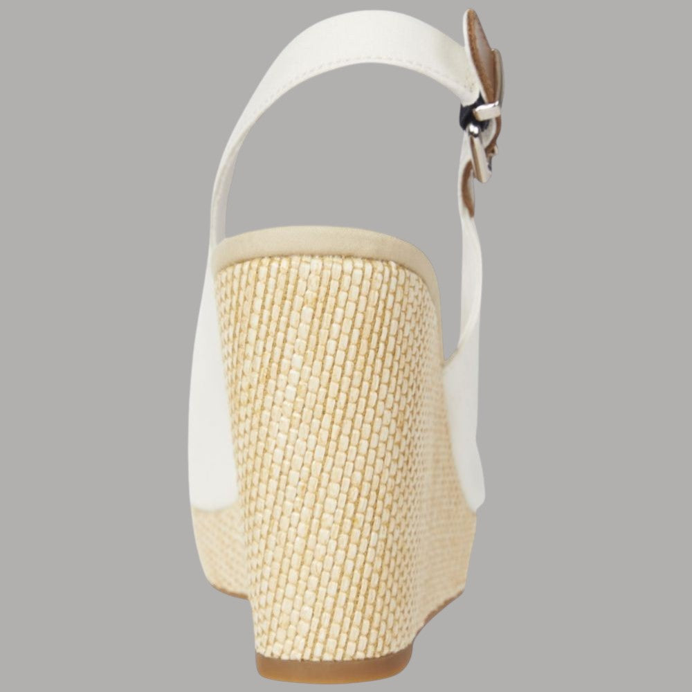 Sandalo con zeppa bianca e tomaia con cinturino, zeppa intrecciata beige