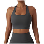 Top fitness grigio traspirante con scollo a U e fascia elastica