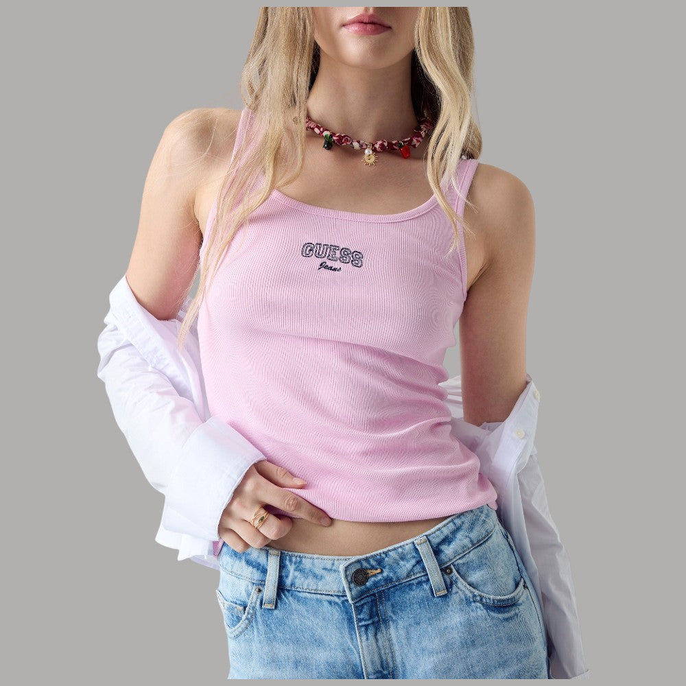 Top Guess GJ Canotta a Coste in Cotone con Logo Ricamato - Prodotti di Classe