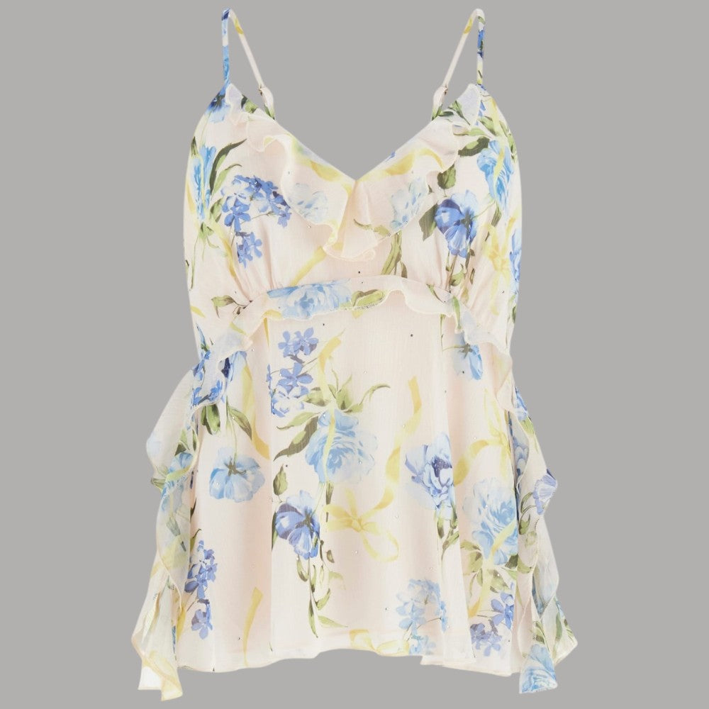 Top Guess Linda Floreale con Volant e Scollatura a V - Prodotti di Classe
