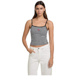 Top in cotone rigato nero-bianco con spalline sottili e logo stella rossa