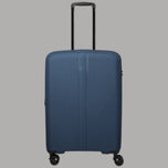 Valigia trolley rigida blu con manico, coste verticali e 4 ruote piroettanti