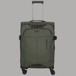 Valigia trolley espandibile color kaki con manico estensibile e rotelle.